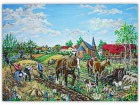 Bauernbild Dorf Leubingen, mit typ. Gebäuden und Kirche, Bauern bei Ernte, Pferde, Schafe, Ziegen