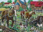 Detail-Bauernbild Dorf Leubingen, mit typ. Gebäuden und Kirche, Bauern bei Ernte, Pferde, Schafe, Ziegen